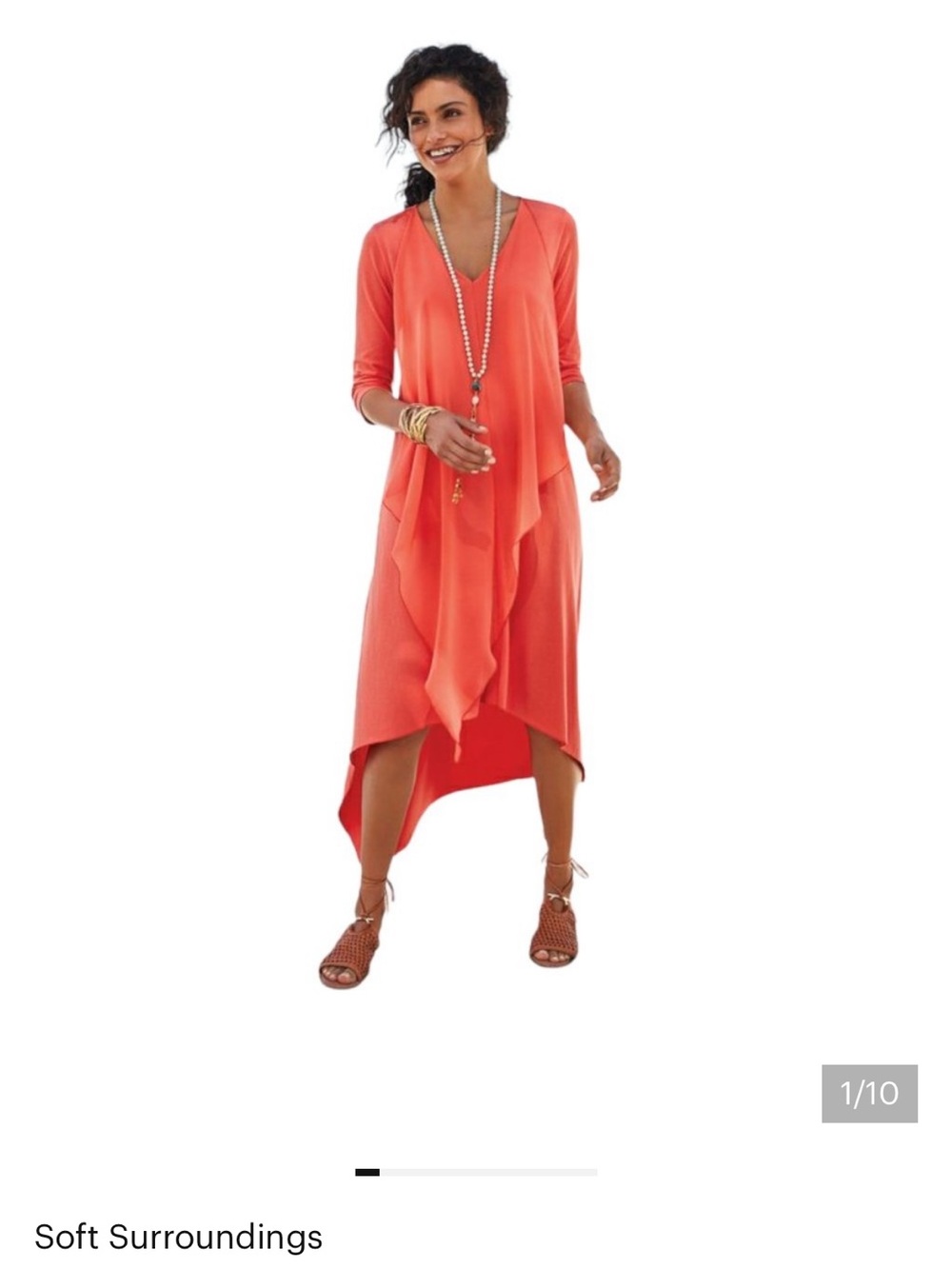SOFT SURROUNDINGS Andalou Dress XS Orange Cotton 3/4 Sleeve Hi-Low Midi Casual